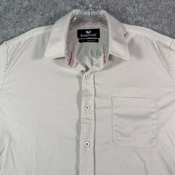 Butter Cloth Shirt Men's Large Beige Zig Zag Regular Fit  Tiny Mark On Collar - Picture 1 of 15